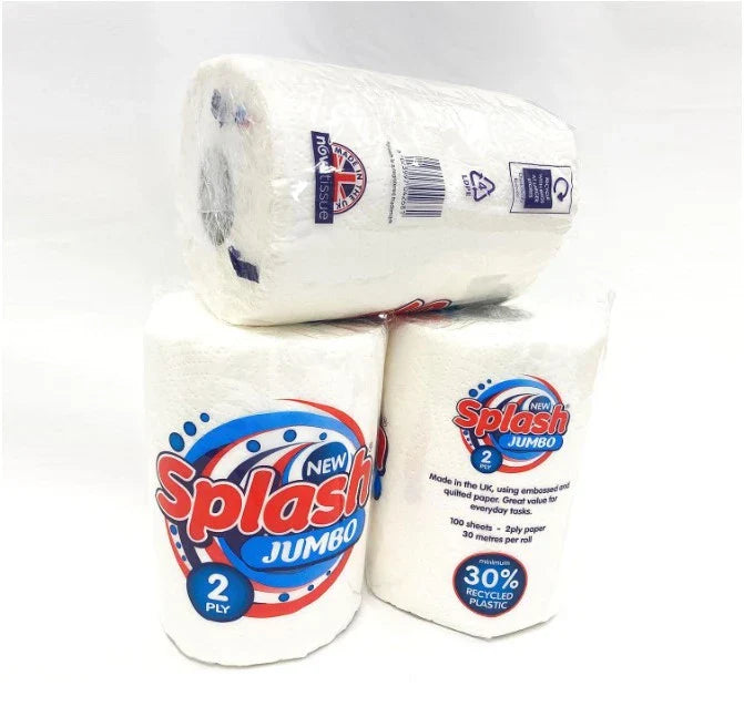 12 x Splash Jumbo 2ply Kitchen Roll, Multipurpose White Towel Paper - Premium Quality Tissue Online - Product Image 12 x Splash Jumbo 2ply Kitchen Roll, Multipurpose White Towel Paper - Premium Quality Tissue Online - Product Image